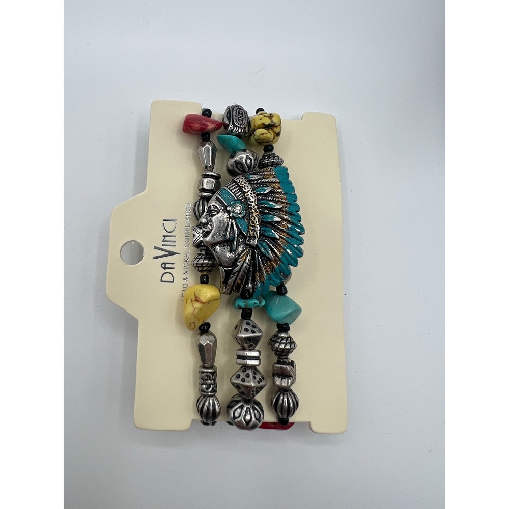 DaVinci Southwestern Silver Tone Headdress Beaded Stretch Bracelet Set 3 Piece